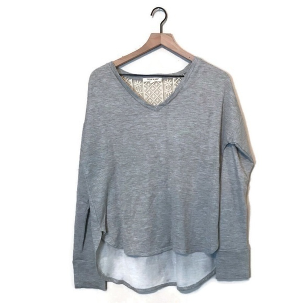 Living Doll Heather Grey Ivory Lace V Beck Long Sleeve Pullover Size Medium
